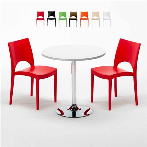 Table Ronde Blanche 70x70cm Avec 2 Chaises Colorées Grand Soleil Set Intérieur Bar Café Paris LONG Island, Couleur: Rouge