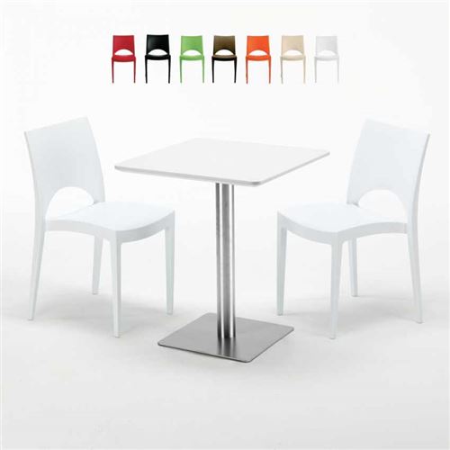 Table carrée 60x60 plateau blanc avec 2 chaises colorées Paris Hazelnut, Couleur: Blanc