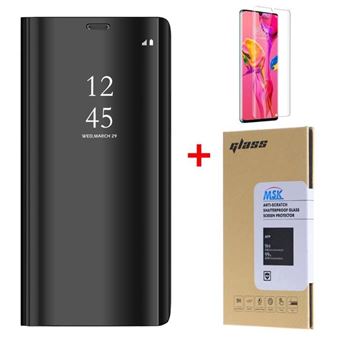 Coque Rabat Miroir Noir Pour Huawei P30 + 1 Verre Trempe - Little Boutik® - 1