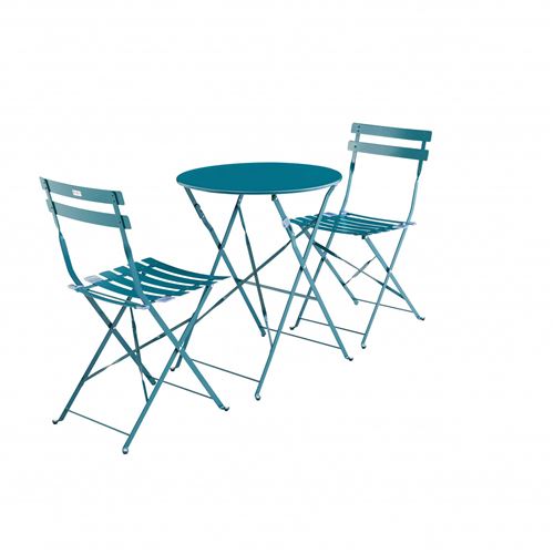 Sweeek Salon de jardin bistrot pliable - Emilia rond bleu canard - Table ronde Ø60cm avec deux chaises pliantes acier thermolaqué
