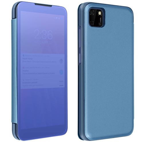 Housse Huawei Y5p Clapet Translucide Design Miroir Support Vidéo bleu