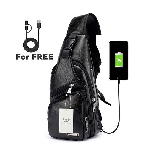 ElkIsComing Sling Bag Sac de Coffre avec USB Ports de Chargement Bandoulière PU Cuir pour Homme Femme Léger Randonnée Sac à Dos d