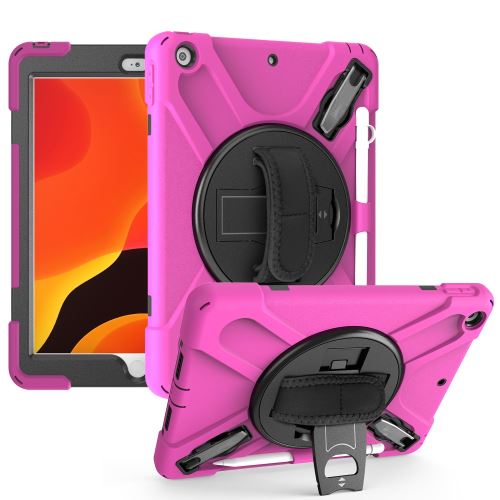 Coque en TPU + Silicone avec deux types de béquille, sangle et porte-stylet rose pour votre Apple iPad 10.2 (2019)