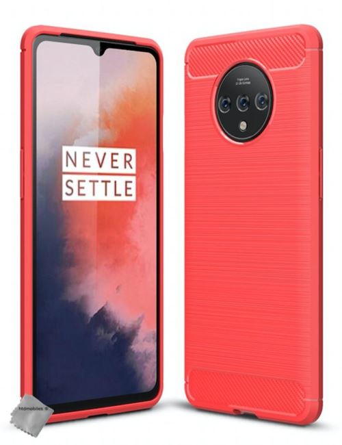 Housse etui coque silicone gel carbone pour OnePlus 7T avec verre trempe - ROUGE