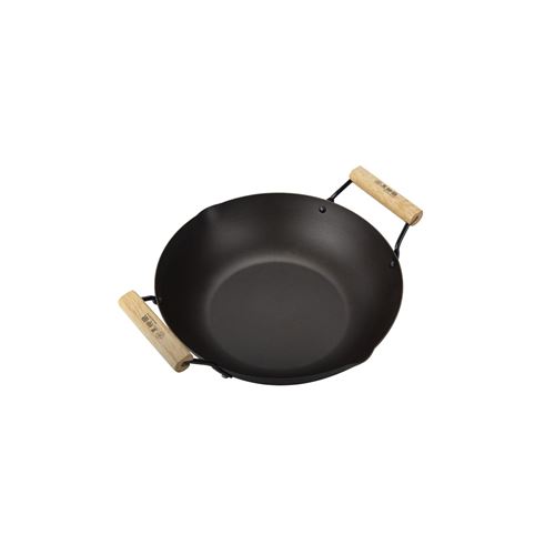 Wok en acier carbone naturel avec double poignée en bois - 28 cm - Convient aux plaques : Électriques, gaz, induction, vitro-céramique