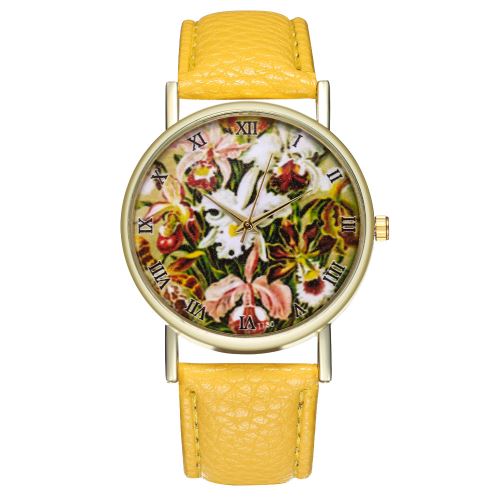 Suisse fleur classique montre bracelet en cuir classique montre dames version coréenne de la montre à quartz authentique T130-Ajaune