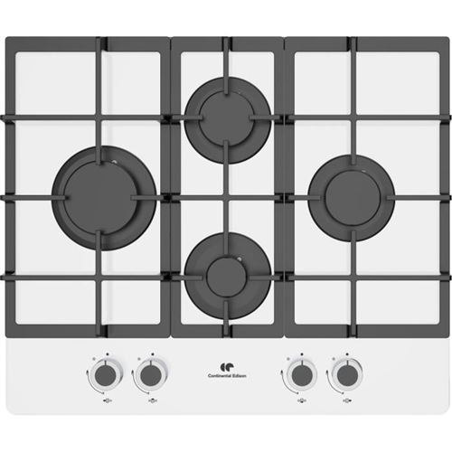 Continental Edison Table de cuisson gaz verre 4 foyers - bruleur en fonte, blanc
