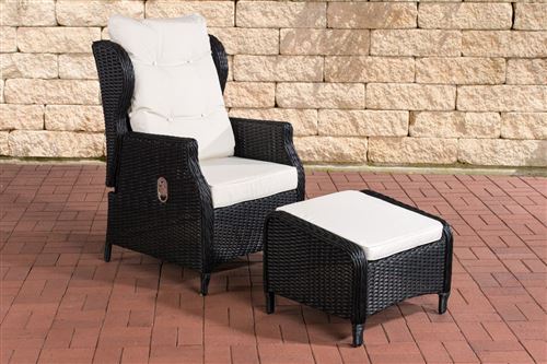 Fauteuil de jardin Breno 5 mm avec pouf repose-pieds - Polyrotin Noir - Coussins Blanc crème