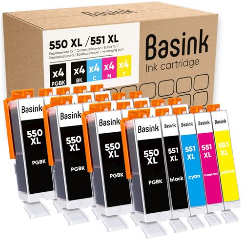 Basink Cartouche d'encre Compatible avec Canon PG-550 551 XL Pack 20 IP7200-7250 IX6850 MG5450-5500-5550-5600-5650-5655-6450-6650 MX720-725-920-925