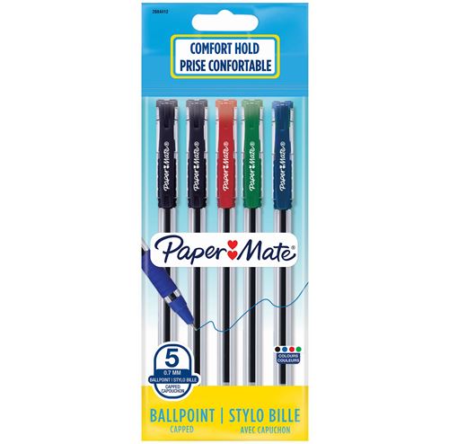 Paper Mate Brite - 5 Stylos bille avec capuchon - Noir, Bleu, Rouge, Vert - Pointe moyenne 0.7mm - sous blister