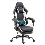 Chaise gamer avec massage 2 points et repose-pieds – Fauteuil gaming ergonomique Delman en cuir synthétique blanc, base métal