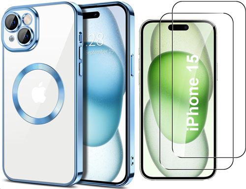 Coque Silicone Pour iPhone 15 Couleur Bleu Compatible Magsafe + 2 Verres Trempe Protection Ecran Little Boutik®