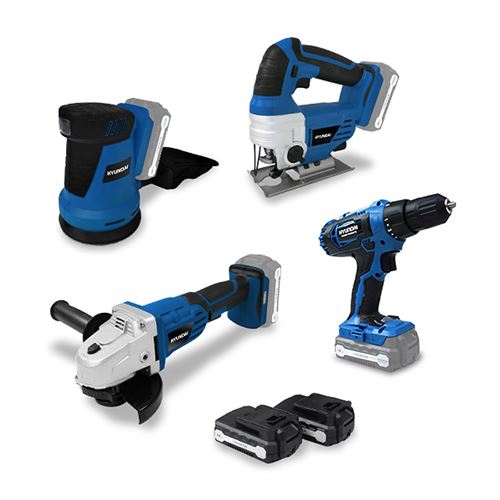 HYUNDAI Pack d'outils 18 V - Perceuse + Meuleuse + Scie sauteuse + Ponceuse  HPACK18V4