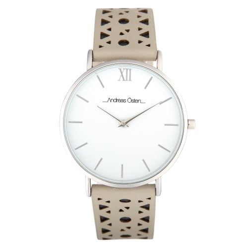 Montre Female Andreas Osten Mouvement Quartz Cadran Blanc 36mm Et Bracelet Gris En Cuir AO-252