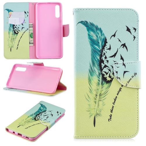 Etui en PU support motif imprimé flip motif de plumes pour votre Samsung Galaxy A70