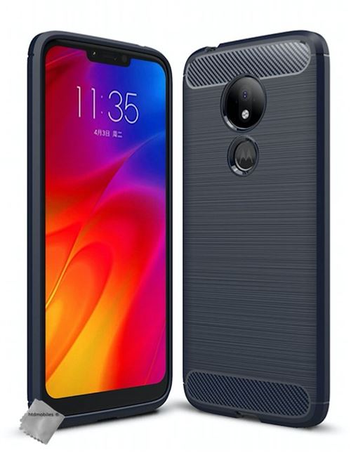 Housse etui coque silicone gel carbone pour Motorola Moto G7 Power + verre trempe - BLEU FONCE - htdmobiles