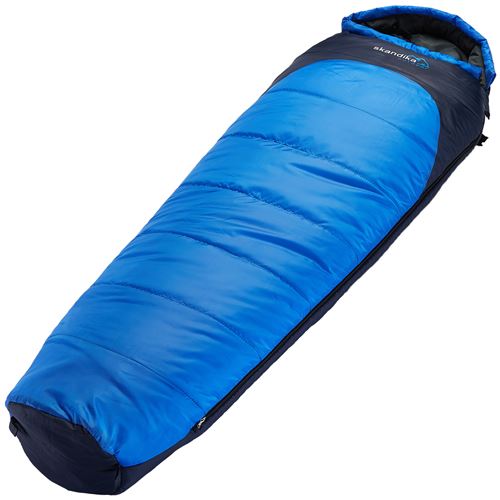 Skandika Highland - Sac de couchage Momie Synthétique Hiver - 215x70 Cm - Bleu-Noir - Droit
