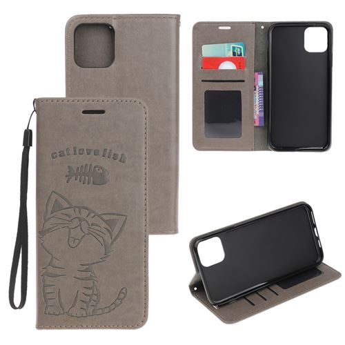Etui en PU impression de motif de chat et arête de poisson gris pour votre Apple iPhone 12 Pro Max 6.7 pouces