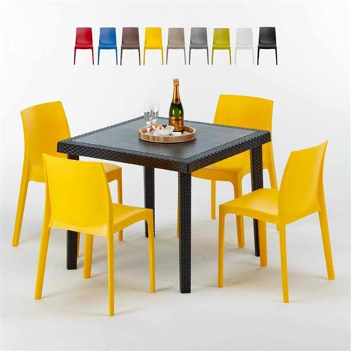 Table Carrée Noire 90x90cm Avec 4 Chaises Colorées Grand Soleil Set Extérieur Bar Café ROME PASSION, Couleur: Jaune