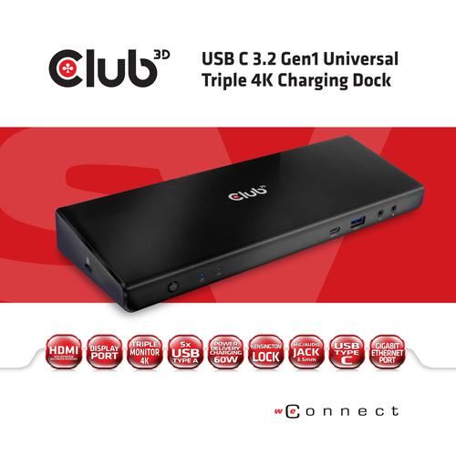 Club3D SenseVision Connect USB C 3.2 Gen1 Universal Triple 4K Charging Dock - Station d'accueil - USB-C 3.2 - HDMI, DP - GigE