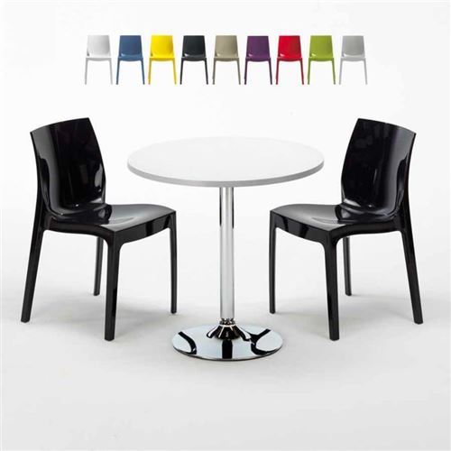 Table Ronde Blanche 70x70cm Avec 2 Chaises Colorées Grand Soleil Set Intérieur Bar Café Ice LONG Island, Couleur: Noir