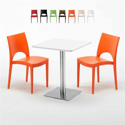 Table carrée 60x60 plateau blanc avec 2 chaises colorées Paris Hazelnut, Couleur: Orange