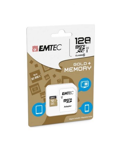 MicroSDXC 128Go EMTEC +adaptateur CL10 Gold+ UHS-I 85MB/s - Sous blister