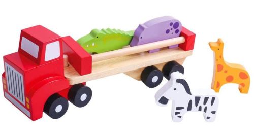 Tooky Toy camion avec figurines d'animaux 26,5 cm bois rouge 6 pièces