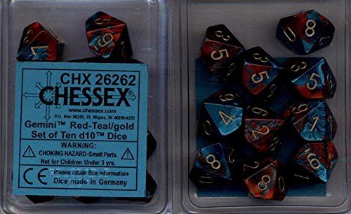 Chessex Dice d10 Sets Gemini Red Teal with Gold - Dix faces Die (10)