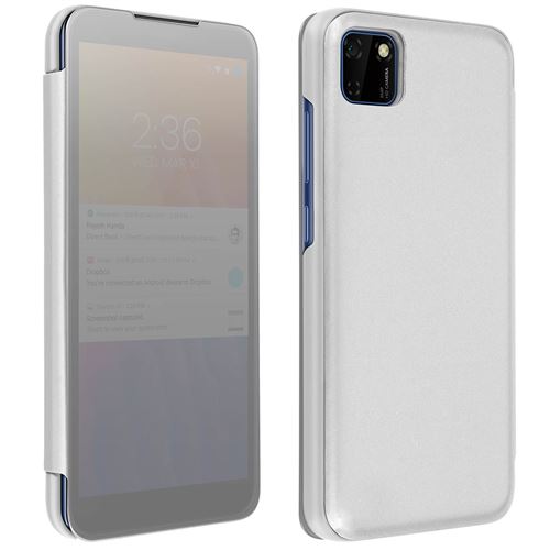 Housse Huawei Y5p Clapet Translucide Design Miroir Support Vidéo argent