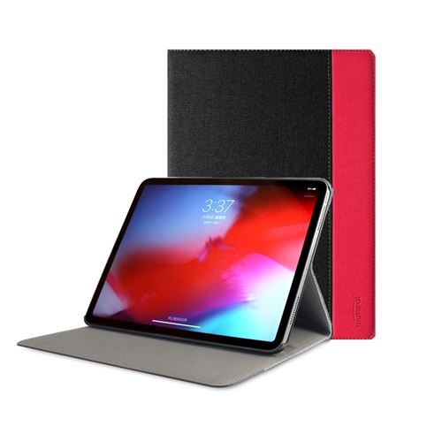 Etui en PU tissu de toile contraste couleur auto-réveil/sommeil noir/rouge pour votre Apple iPad Pro 11-inch (2018)