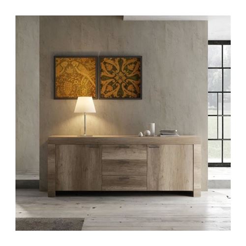 Buffet 2 Portes 3 Tiroirs - Decor Chene Canyon - L 210 x P 43 x H 83 cm - BRERA