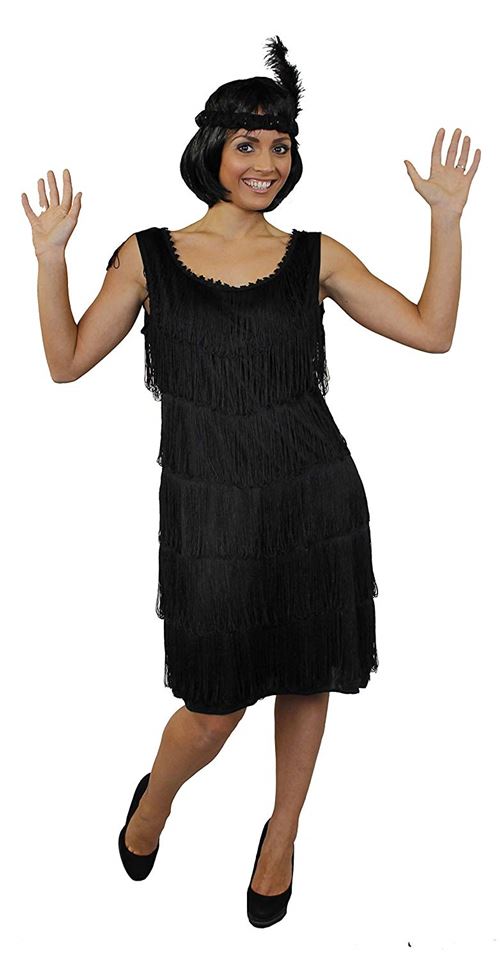 Deguisement pour femme des annees 20 avec cette magnifique robe noire a franges devant et derriere style charleston Small Deguisement adulte Achat prix fnac