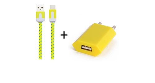 Pack Chargeur pour Gionee Marathon M5 Plus Smartphone Type C (Cable Noodle 1m Chargeur + Prise Secteur USB) Murale Android (JAUNE)
