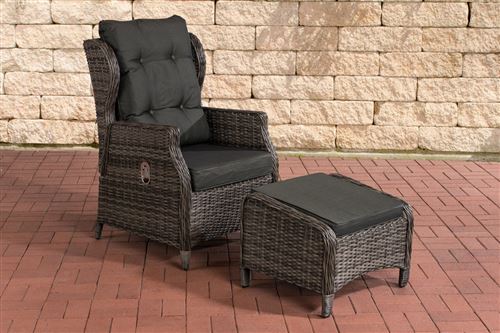 Fauteuil de jardin Breno 5 mm avec pouf repose-pieds - Polyrotin Gris chiné - Coussins Anthracite