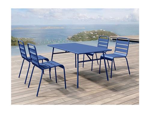 Salle à manger de jardin en métal - une table L.160 cm et 4 chaises empilables - Bleu nuit - MIRMANDE de MYLIA