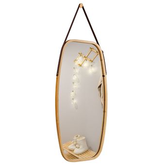 Miroir Mural Avec Sangle Cuir Et Cadre Bambou - Miroir Bijoux, Coins Arrondis, Réglable En Hauteur - Pour Salle De Bain, Chambre, Entrée