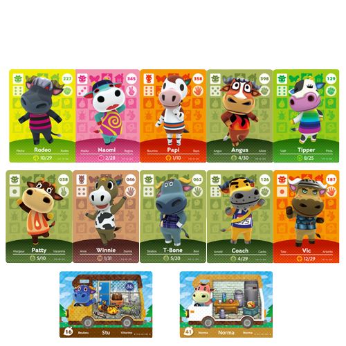 Standard Carte pour Amiibo Animal Crossing Frusde Série Bovins Compatible avec Nintendo Switch-12pcs(8.5*5.5cm)