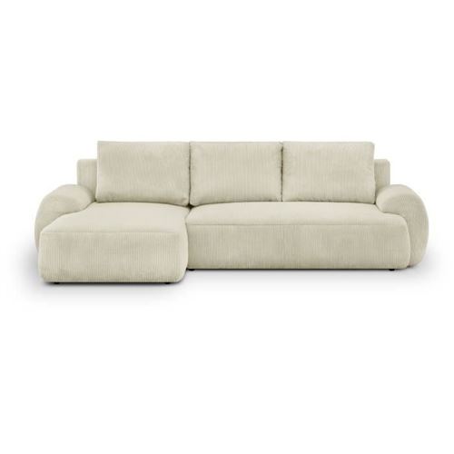 Canapé D'Angle Gauche Convertible 3 Places Milo - Velours Côtelés Beige - Coffre De Rangement - L 264 X H 84 X P 99/145 Cm