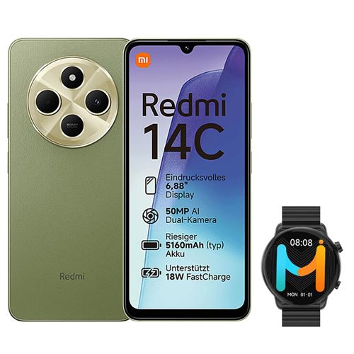 Smartphone Xiaomi Redmi 14C 256 Go Vert + Smart Watch Montre Connectée