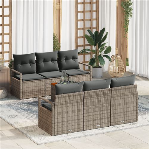 Non Communiqué Gris Ensemble Canapé Jardin 7 Pièces Avec Coussins Poly Rattan Acacia, Canapé Jardin 2 Places Avec Coussins Poly Rattan