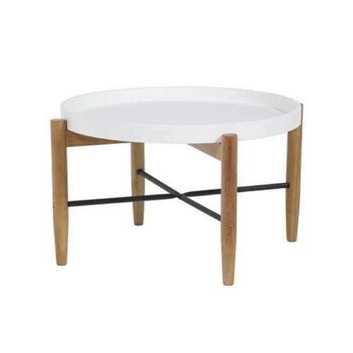 Table Basse Ronde En Hévéa Massif Et Fer - Blanc Laqué - L 80 X P 80 X H 45 Cm - Olga
