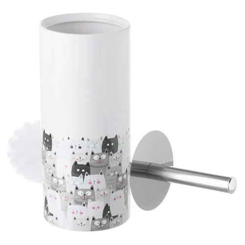 Lot de 2 brosse de toilette WC avec support avec motif imprimé chat en céramique coloris multicolore - Diamètre 10 x Hauteur 32 cm-JUANIO-