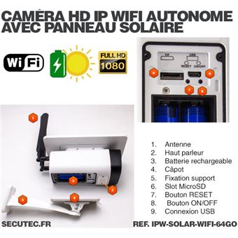 Caméra pilotable solaire IP Wifi HD 1080P waterproof Infrarouge accès à  distance via iPhone Android 64 Go inclus