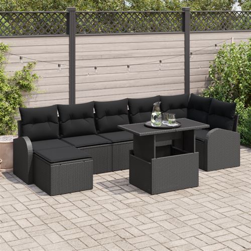 Non Communiqué Noir Ensemble De Canapé De Jardin 8 Pièces Avec Coussins Poly Rattan, Canapé De Jardin 2 Places Avec Rangement & Coussins