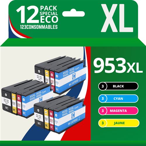 123CONSOMMABLES - 953XL - Pack de 12 Cartouches d'encre compatibles avec HP Officejet Pro 8715 8710, HP Officejet Pro 7720 7740 8730 8720 8725 8210