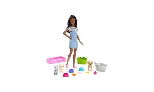Barbie famille coffret le bain des animaux poupée brune avec figurines chiot chaton et lapin accessoires jouet pour enfant fxh12