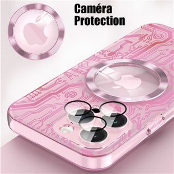 Coque pour iPhone 15 Plus avec Cercle Magnétique, Coque Rigide Antichoc  Contour Rose + Protection Caméra Verre Trempé