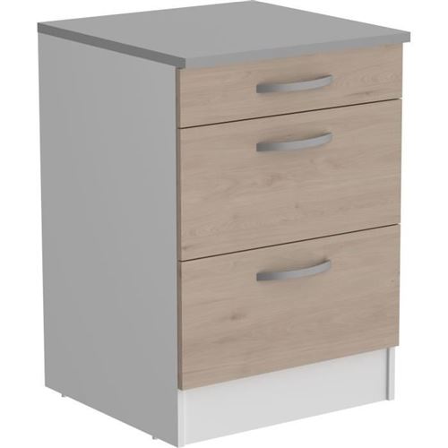 OSLO Meuble Bas 3 tiroirs + plan - Décor Chêne Jackson - L 60 x P 60 x H 86 cm