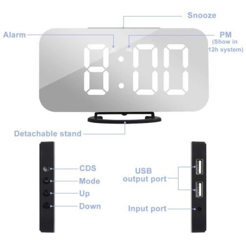 Réveil numérique LED secteur USB/température batterie grand écran miroir  New T7